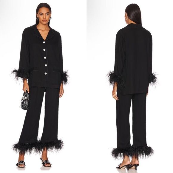 Sleeper Party Pajama Set With Ostrich Feather 100% Black XS - Picture 2 of 10
